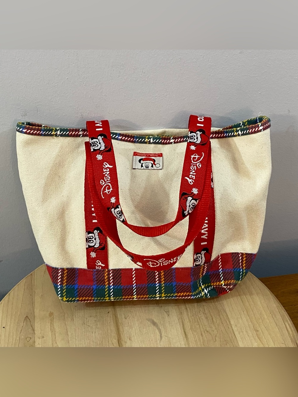 Disney x Old Navy Mickey Mouse Holiday Mini Tote Bag Santa Plaid Tartan Canvas